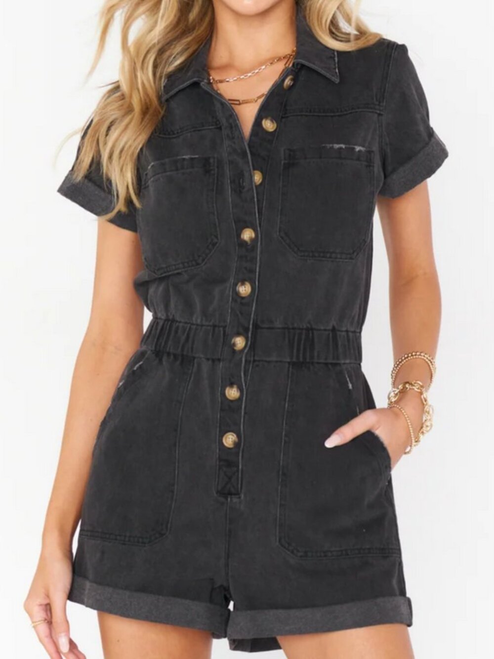 Show Me Your MuMu Cannon Romper in Washed Black Distressed Denim. Size L. EUC.